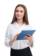 Woman holding a digital tablet isolated on white background.