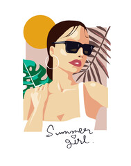 summer girl calligraphy slogan with abstract fashion girl on tropical leaf hand drawn vector illustration