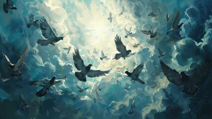 Fototapeta premium Pigeons Flying Blue Sky Clouds. Generative AI