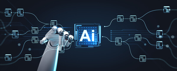 Robot finger touch AI chip with document management system hologram