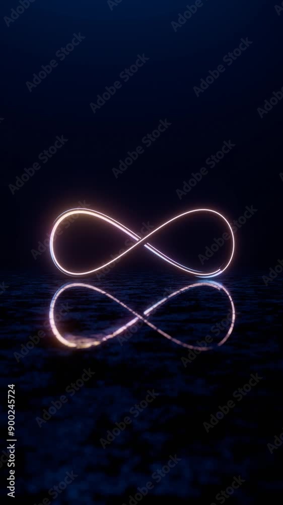 Poster infinity symbol with neon glow and reflection on dark surface