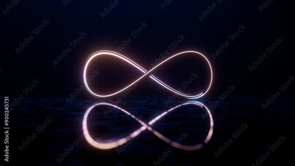Poster infinity symbol with neon glow and reflection on dark surface