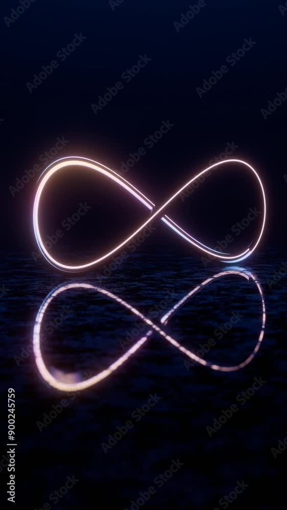 Poster infinity symbol with neon glow and reflection on dark surface