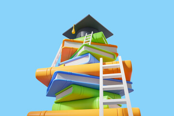 Stack of colorful books with ladders and graduation cap. 3D Rendering