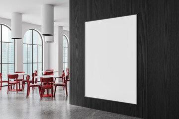 Cafeteria interior with red chairs and dining tables, window. Mockup frame
