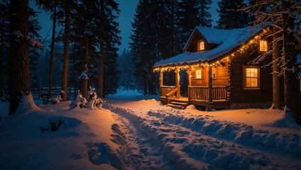  A cozy winter cabin with a path lit by Christmas lights