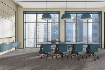Meeting room interior with board and blank projection screen, panoramic window