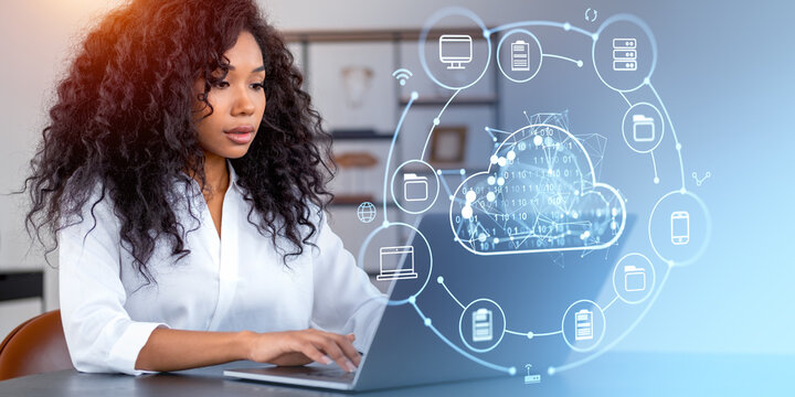 African woman typing on laptop, cloud service hologram and files backup