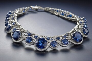 Obraz premium Sapphire Necklace on Light Gray Background: A statement sapphire necklace arranged in a gentle curve on a light gray background.