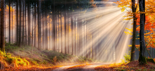 Sunlight Streaming Through Autumn Forest Trees in a Misty Woodland Path