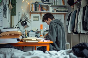 Organized Student Setting Up Study Area in New Dorm Room with Notebooks and Pens - Realistic Educational Photo