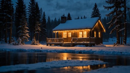  A cozy winter cabin with Christmas lights reflecting off a frozen lake.