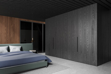 Modern home bedroom interior with bed and black closet, sleep room