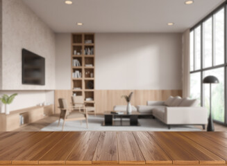 Wooden Tabletop Overlooking Cozy Living Room with Modern Decor. 3D Rendering