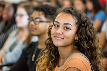 Obraz premium Diverse Group of Freshman College Students Engaged in On-Campus Orientation Session