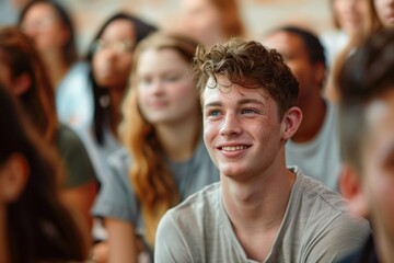 Fototapeta premium Diverse Group of Freshmen Students Gathered for College Orientation on Campus