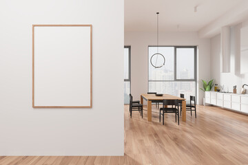 Light home kitchen interior with dining table and cabinet, window. Mock up poster