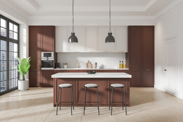 Modern kitchen interior with brown and white cabinets, island, and stools. 3D Rendering
