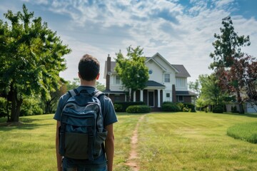 Nostalgic Farewell: Student Gazing At Childhood Home Before College Departure - Realistic Image