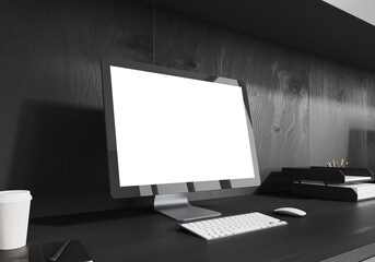 Fototapeta premium Office coworking interior with pc computer on table with mockup display