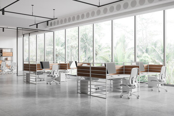 Office workplace interior with coworking and meeting space, panoramic window