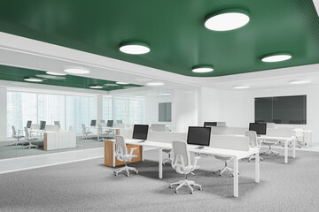 Colored office interior with coworking and meeting room, panoramic window