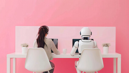 A female human and robot sitting at the same desk facing pink wall, they working on their laptops with white chairs facing wall