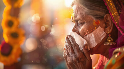Indian woman wiping nose with tissue