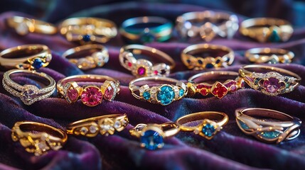 A collection of colorful friendship rings displayed on a velvet cloth, each ring unique and vibrant.