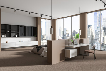 Modern home bedroom interior with sleep and work spaces, panoramic window