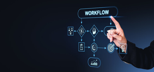 Businesswoman finger touch workflow chart with work process icons. Copy space