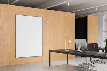 Wooden coworking interior with pc computers in row. Mockup frame