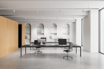 Modern office with open workspace and minimalist design. 3D Rendering