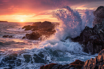 Fototapeta premium The image captures a powerful wave crashing against jagged rocks during a dramatic sunset