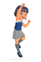 Little Asian girl in school uniform jumping with one hand in the air. Cartoon vector illustration.