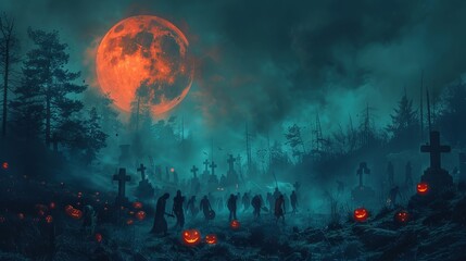 Haunting Halloween Night: Zombie Horde in Foggy Graveyard under Full Moon