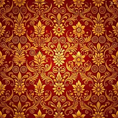 Fototapeta premium Red and Gold Floral Damask Pattern.