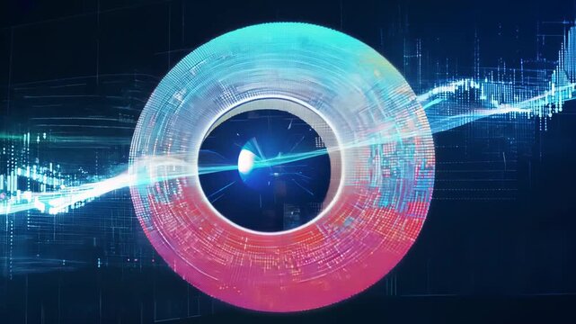 Colorful data streams converge into a giant pixelated emoji face. Its eye reveals a digital cityscape pulsating with virtual information, creating a nested digital universe.	