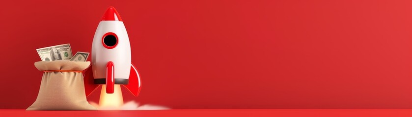 Rising Money Rocket: Dynamic 3D Illustration of Startup Concept with Bag of Money Blasting Off on Red Background with Copy Space