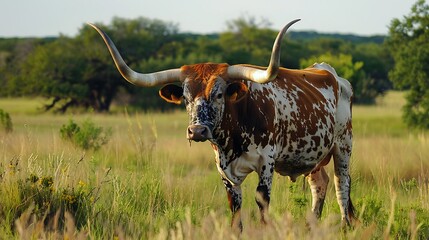 Close up image of a Texas Longhorn steer, grazing in a field.