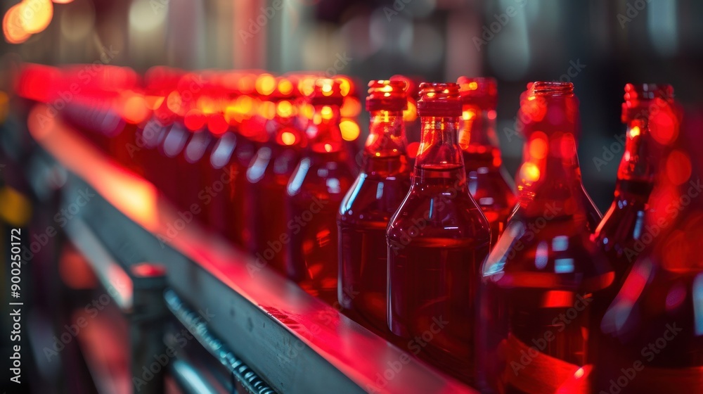 Aufkleber red bottles moving along a conveyor belt in a factory setting
