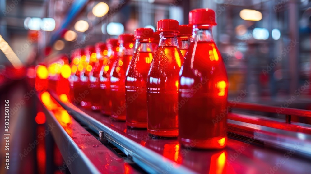 Poster A closeup of red bottles on a conveyor belt in a factory setting