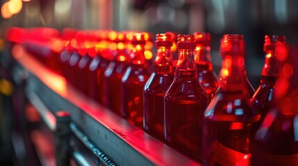 Red bottles moving along a conveyor belt in a factory setting