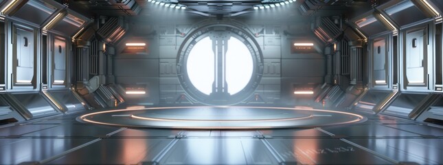 A futuristic spacecraft interior with a circular platform in the center illuminated by bright lights