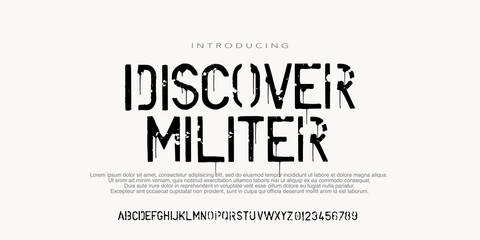 Stencil alphabet with grunge texture effect. Rough imprint stencil-plate font in military style. 
Vector illustration