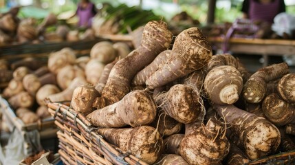 Taro roots piled high. Generative AI