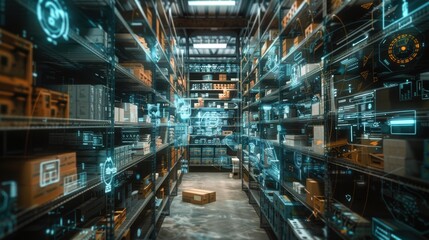 Futuristic Warehouse with Holographic Inventory Management System