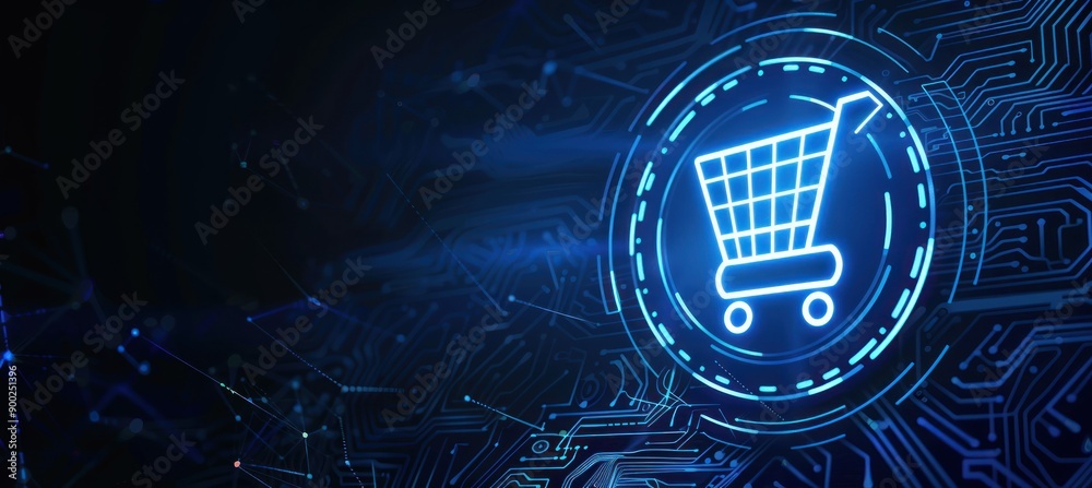 Poster A glowing shopping cart icon in a circular frame on a dark blue circuit board background