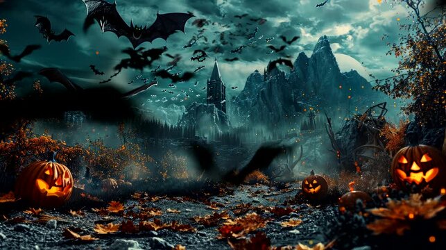 Halloween home decorations with Bat and Pumpkin in dark highway mountain. seamless looping time-lapse virtual 4k video animation