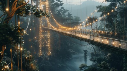 Fototapeta premium A mesmerizing suspension bridge adorned with lights, set amid lush greenery and misty mountains, evoking tranquility and adventure.